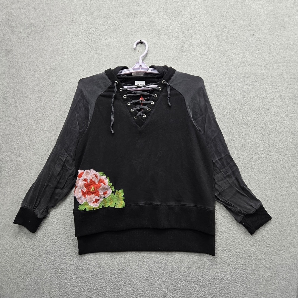 True‎ Religion Women Hoodie S Black Embroidered Floral Fleece Fairy Grunge